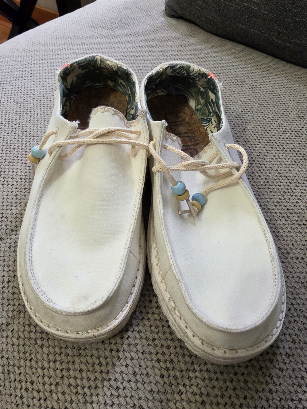 Hey Dude Women's Cream Canvas Slip-On Flats with Blue Accent Beads